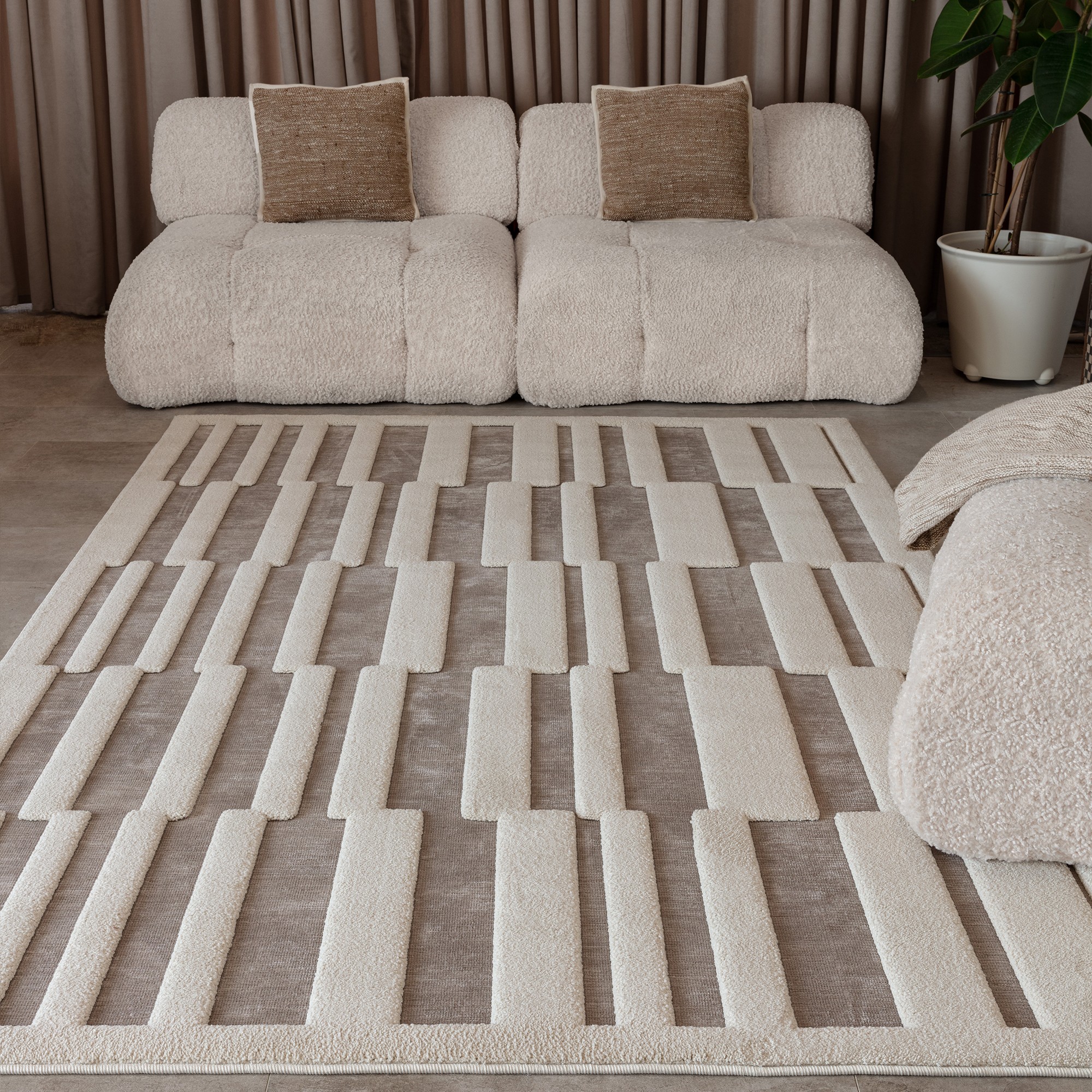 Valley Tile Geometric 3d Rug In Natural Beige Ivory